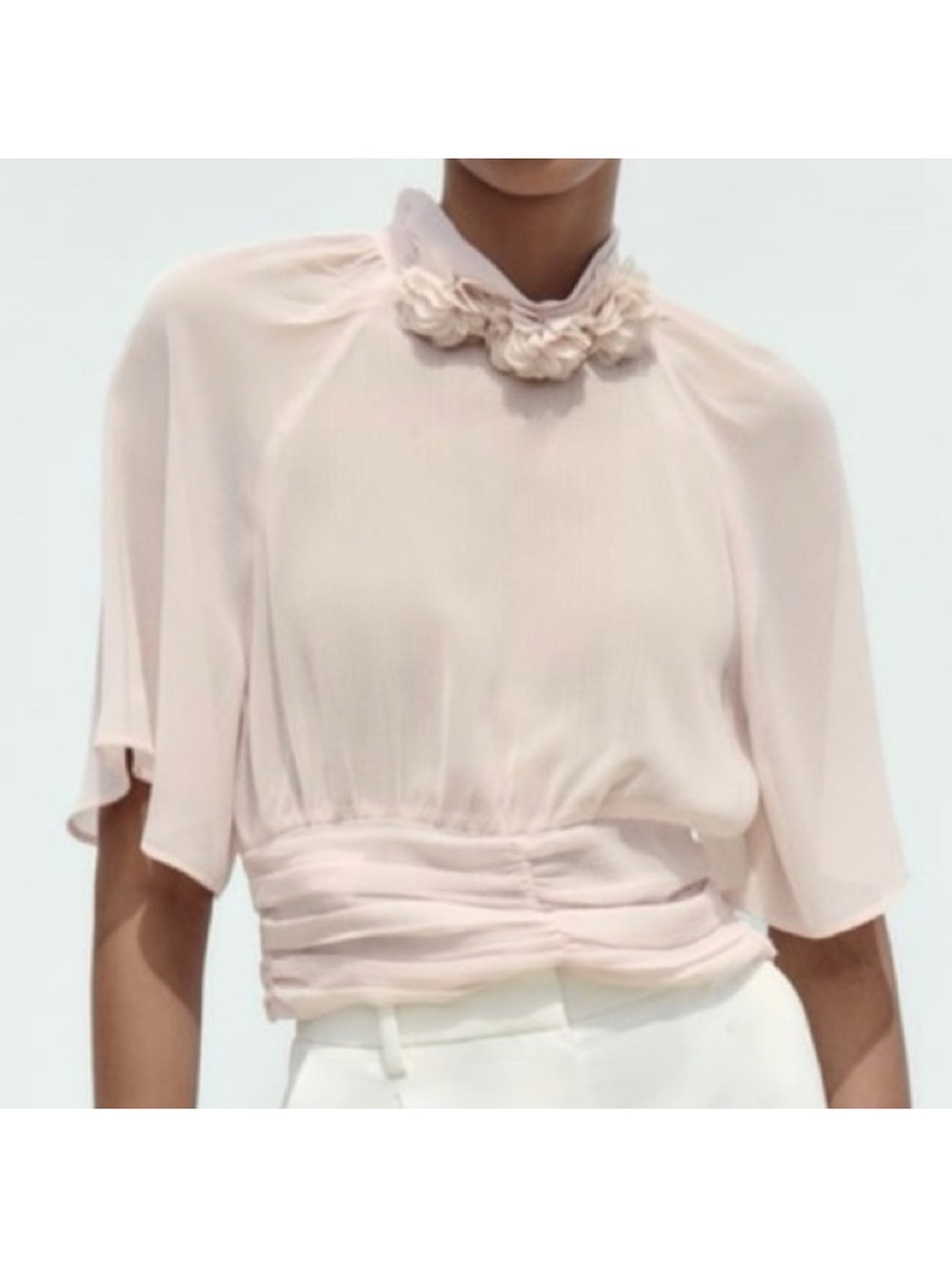 NEW ZARA Dusty Pink Chiffon Floral 3D Flower Cropped Blouse size Small